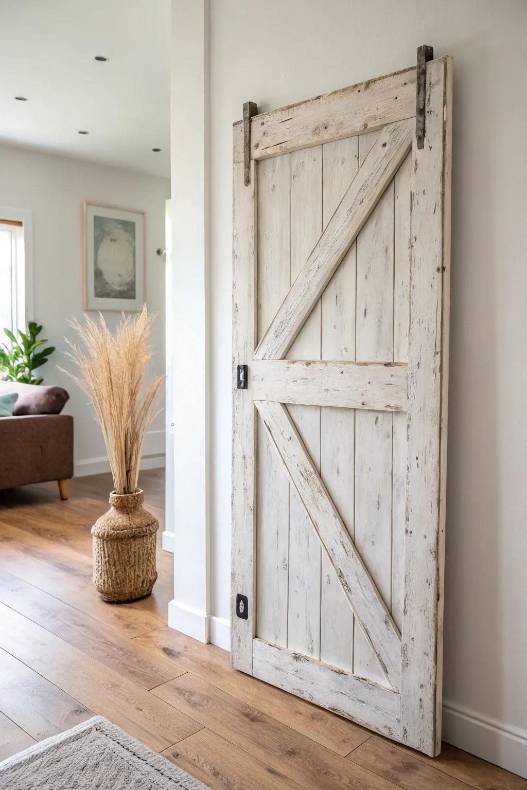 Soft whitewashed barn door charm—bright, airy farmhouse style with naturally worn edges.