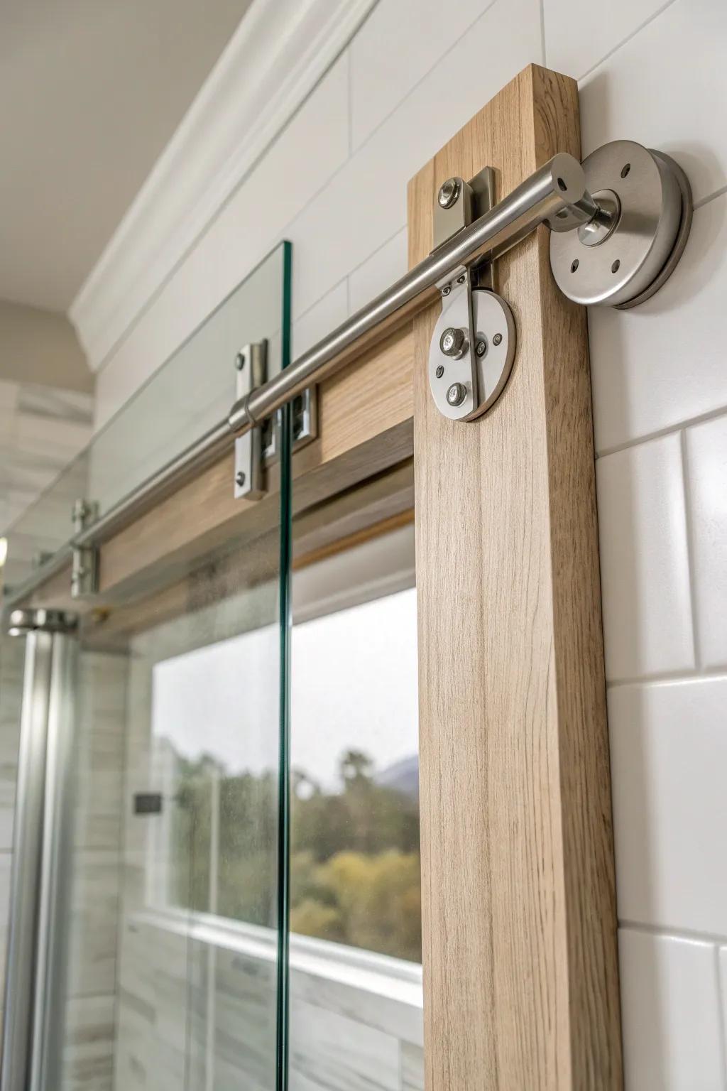 Brushed nickel hardware + clear glass: barn-door shower style without the industrial edge.