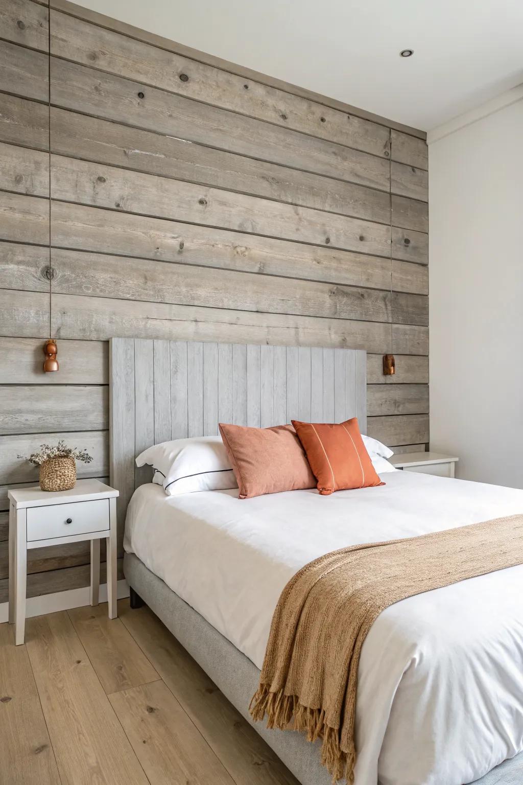 Gray-weathered barn wood headboard wall that makes soft bedding tones pop—calm and modern.