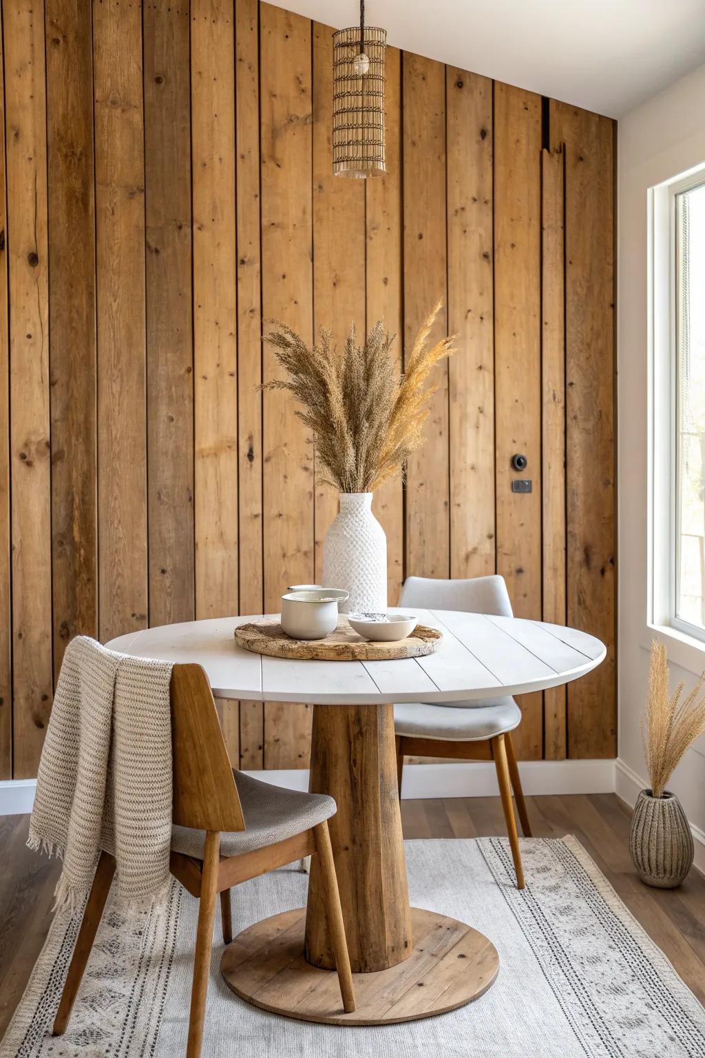 Reclaimed barn wood backdrop wall that instantly warms a minimalist dining space