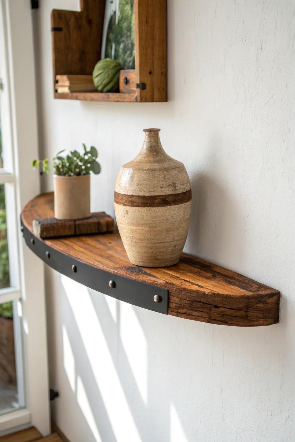 Floating shelf from a reclaimed barrel stave—simple curve, rich patina, big impact.