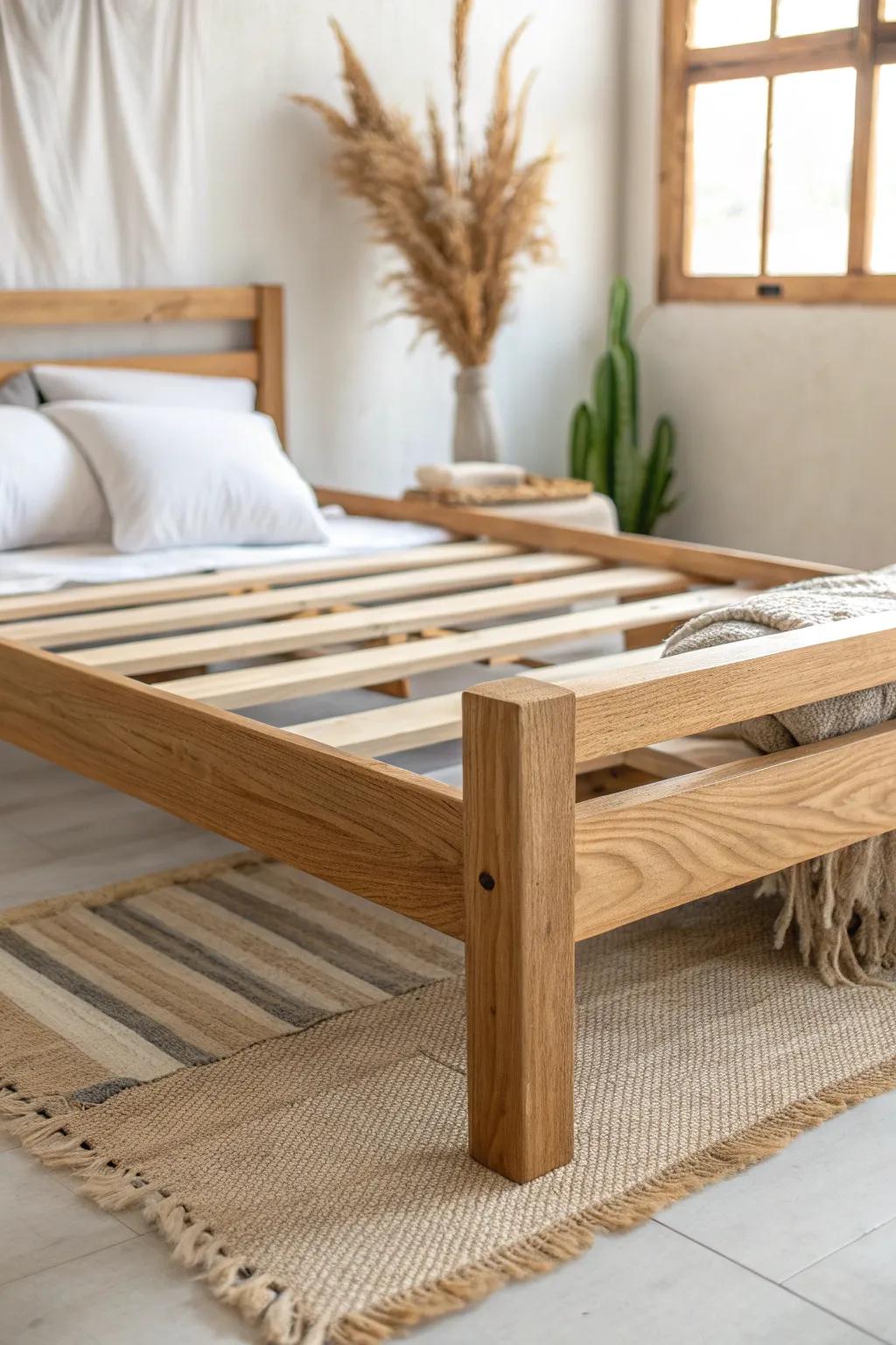A sturdy 2x lumber bed base with a center beam—minimal look, built to last for years.