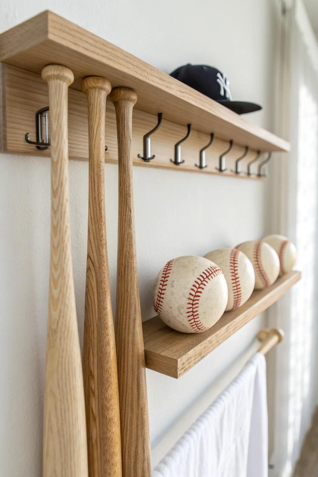 Minimal oak bat-and-ball shelf: elegant wall art storage for your favorite gear.