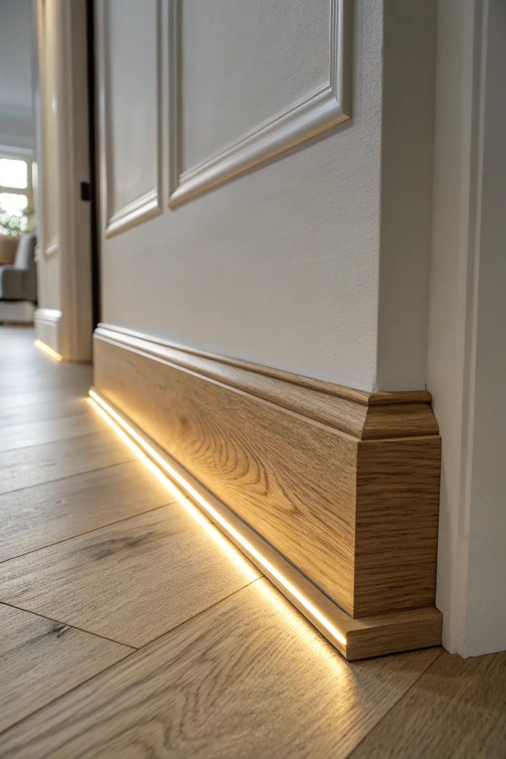 Dim baseboard glow turns a hallway into a calming night path—warm, minimal, intentional.