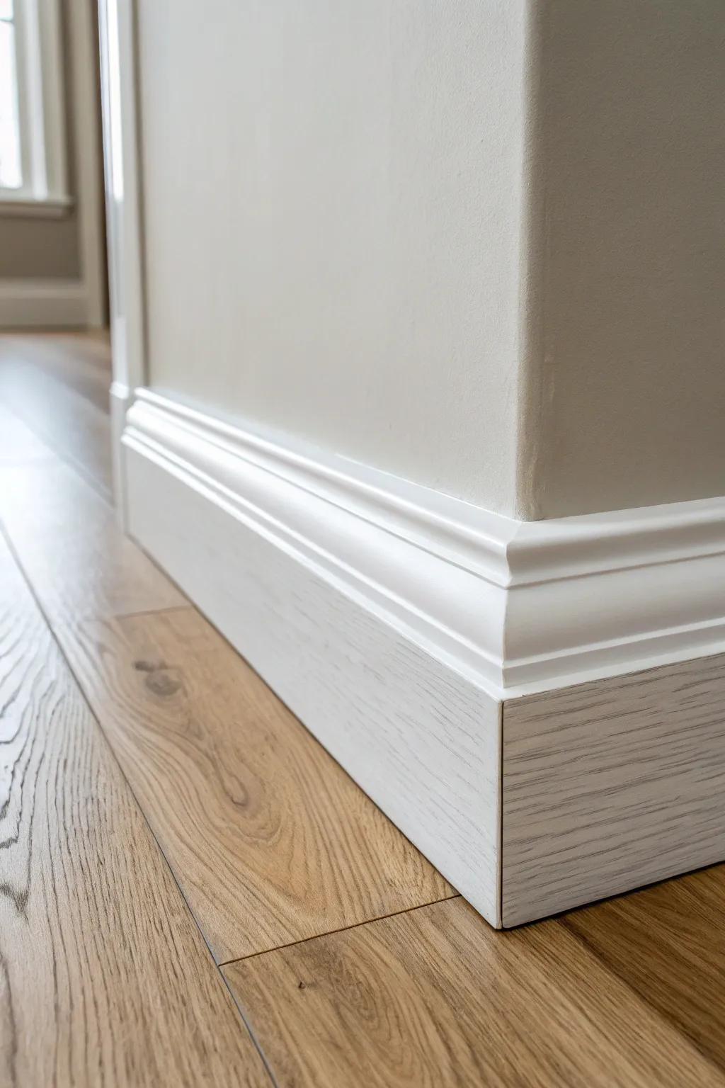 Greige baseboards add calm, intentional contrast against soft white walls—subtle yet designed.