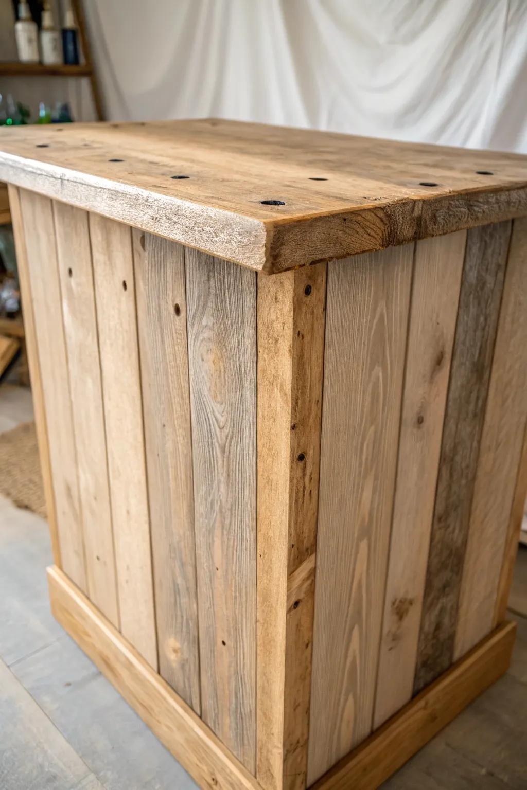 Reclaimed wood planks with nail-hole character—patina-rich, smooth, and timeless.