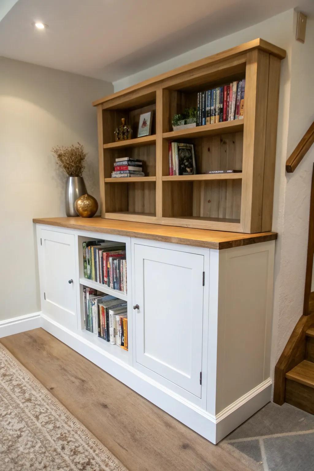 Waist-high bookcase + deep wood countertop ledge—big storage that makes basements feel wider.