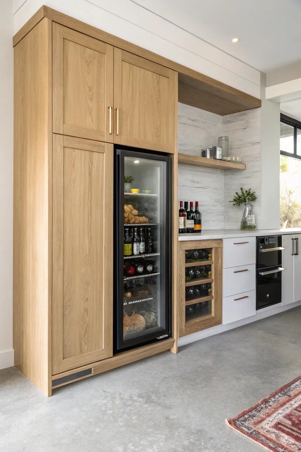 Custom oak basement cabinets with a built-in beverage fridge nook—clean, cozy, high-end millwork.