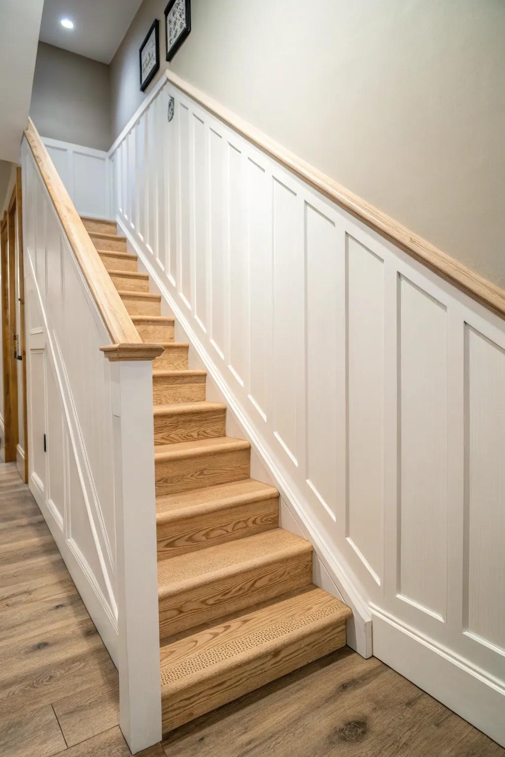 Crisp board-and-batten half wall adds structure and protects tight basement hallways.