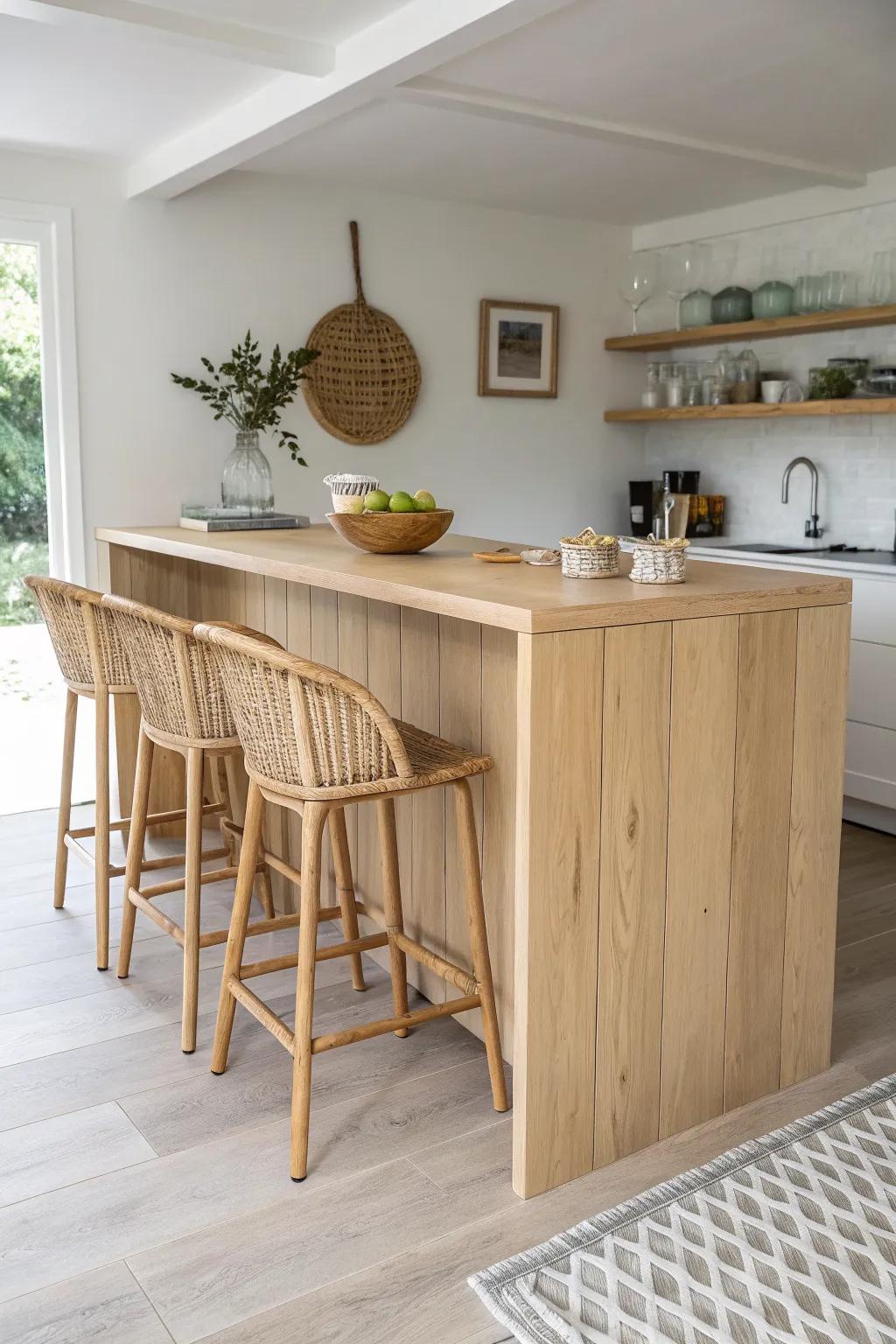 L-shaped oak island bar: extra seating on one side, snack station on the other—warm and minimal.