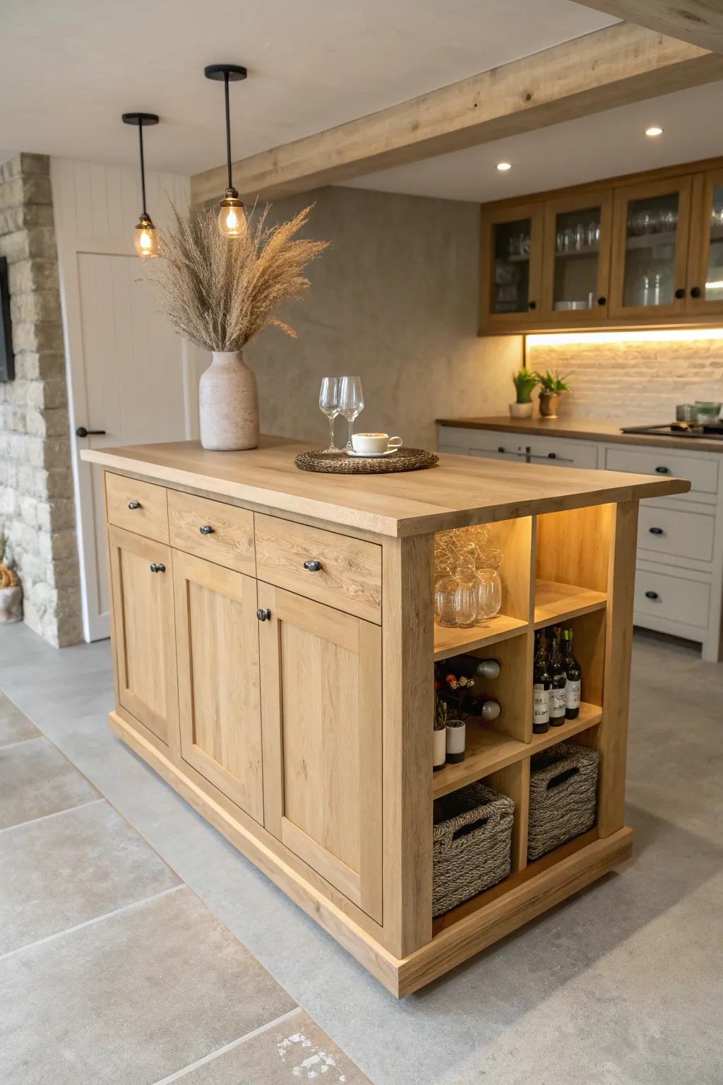 A basement bar island that becomes the hub—deep drawers + open cubbies in warm oak.