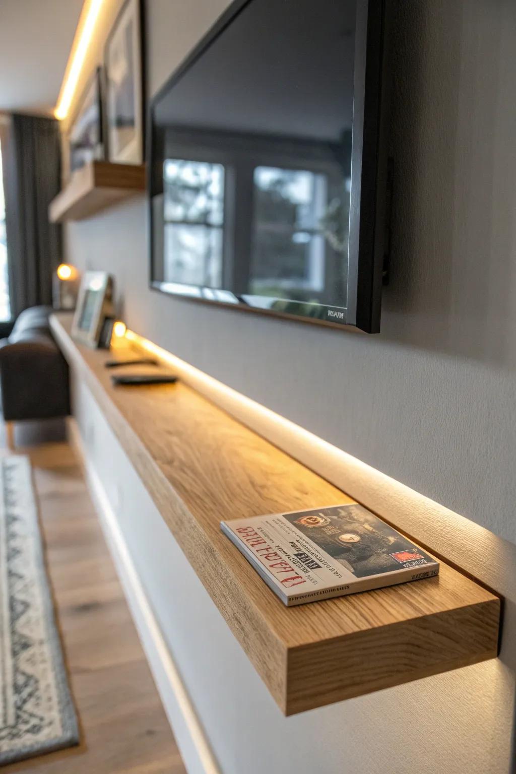 A slim oak ledge shelf with warm LED glow—an uncluttered sports display for game-day vibes.