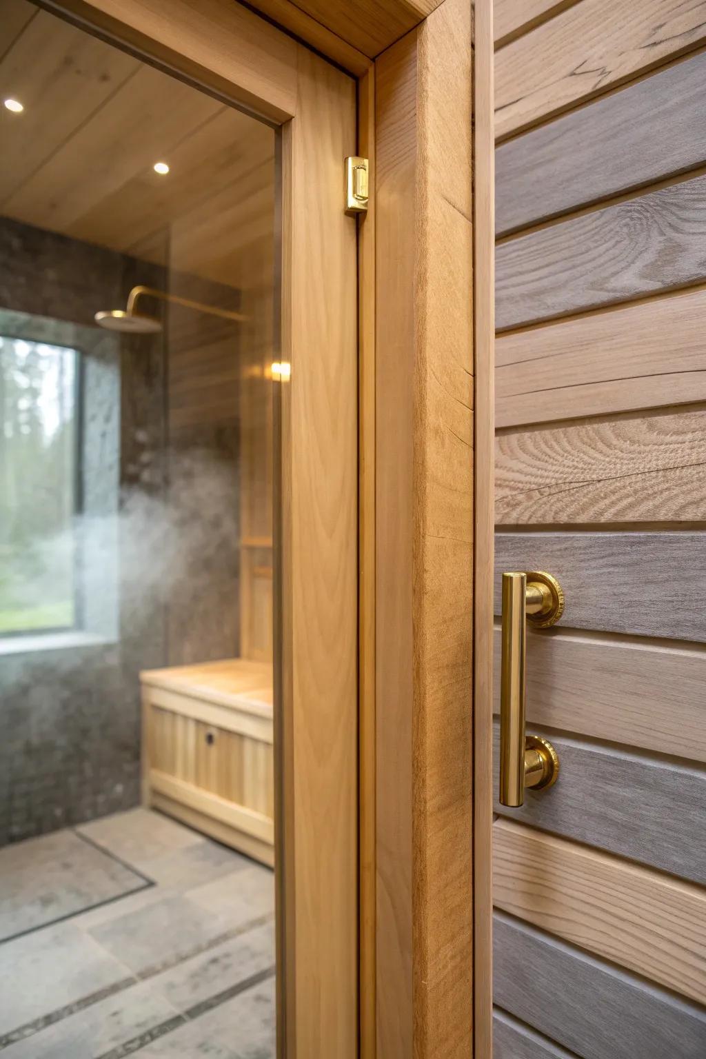 Light cedar sauna door with brass handle beside a frameless shower—cozy warmth meets cool stone.