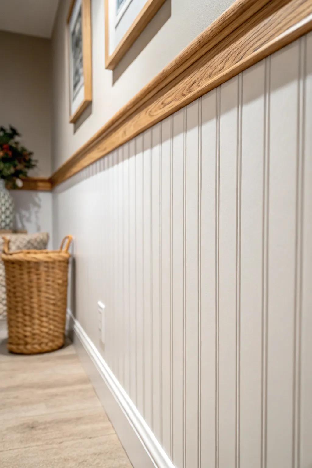 Charming beadboard half wall adds warmth and durability to a basement laundry corner—no drywall.
