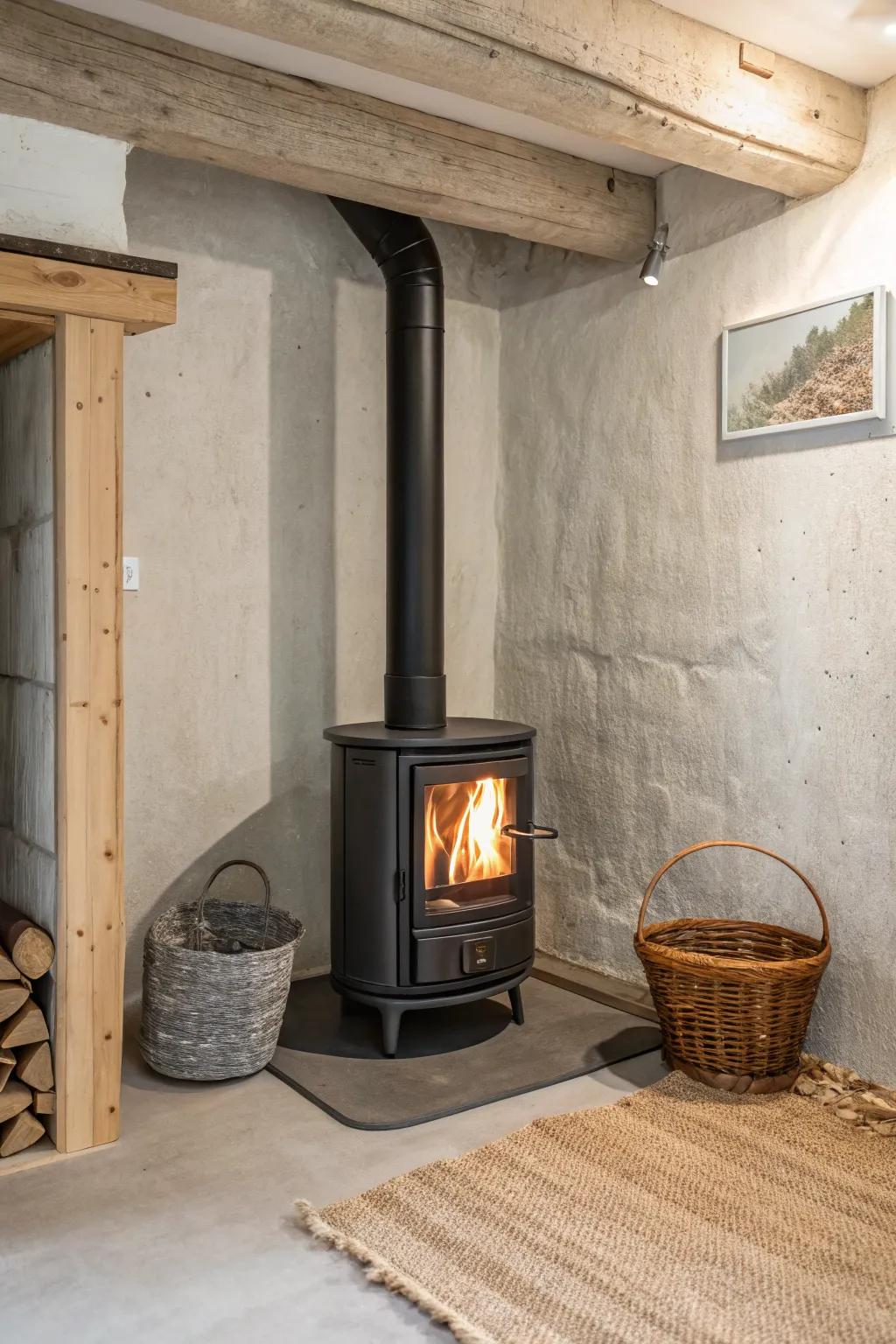A corner wood stove that saves space, warms the room, and keeps the basement feeling open.