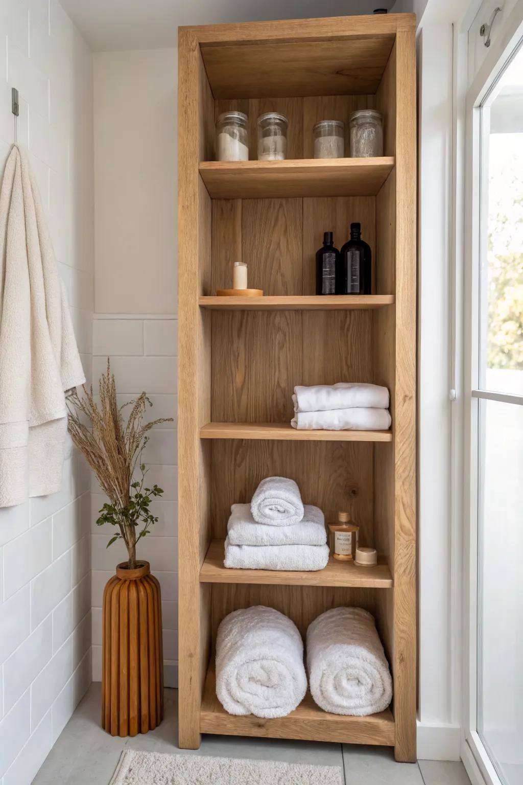 Floor-to-ceiling cubby shelves that give every bathroom item a calm, beautiful home.