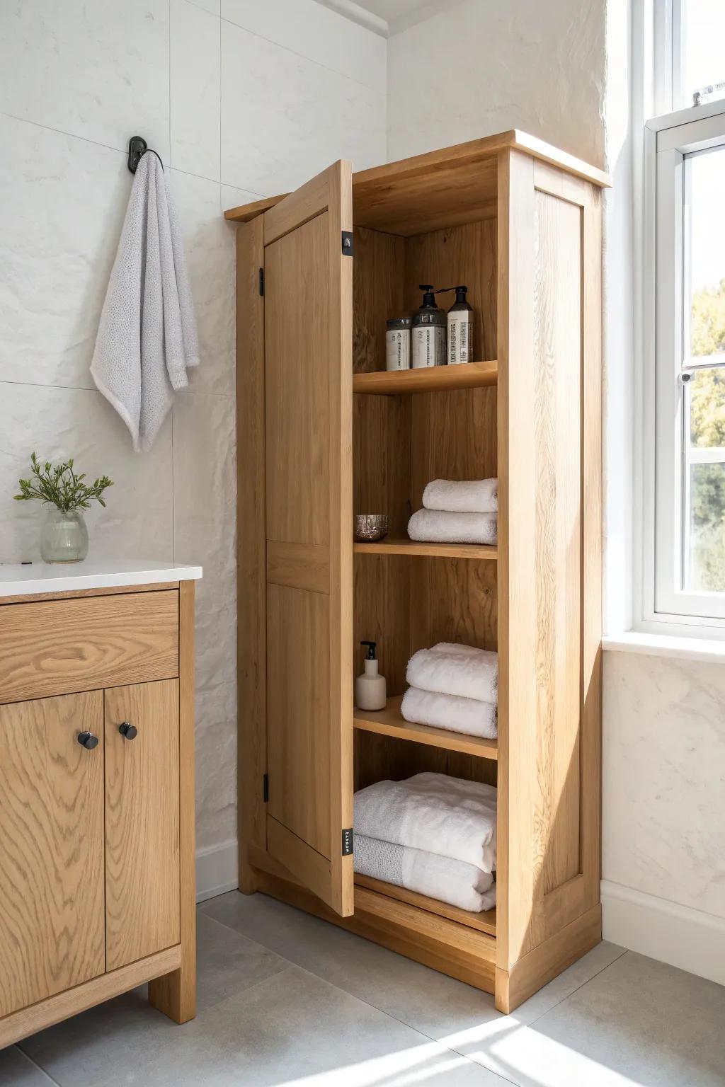 Floating oak corner cabinet—clean lines, hidden cleat support, and effortless floor space.