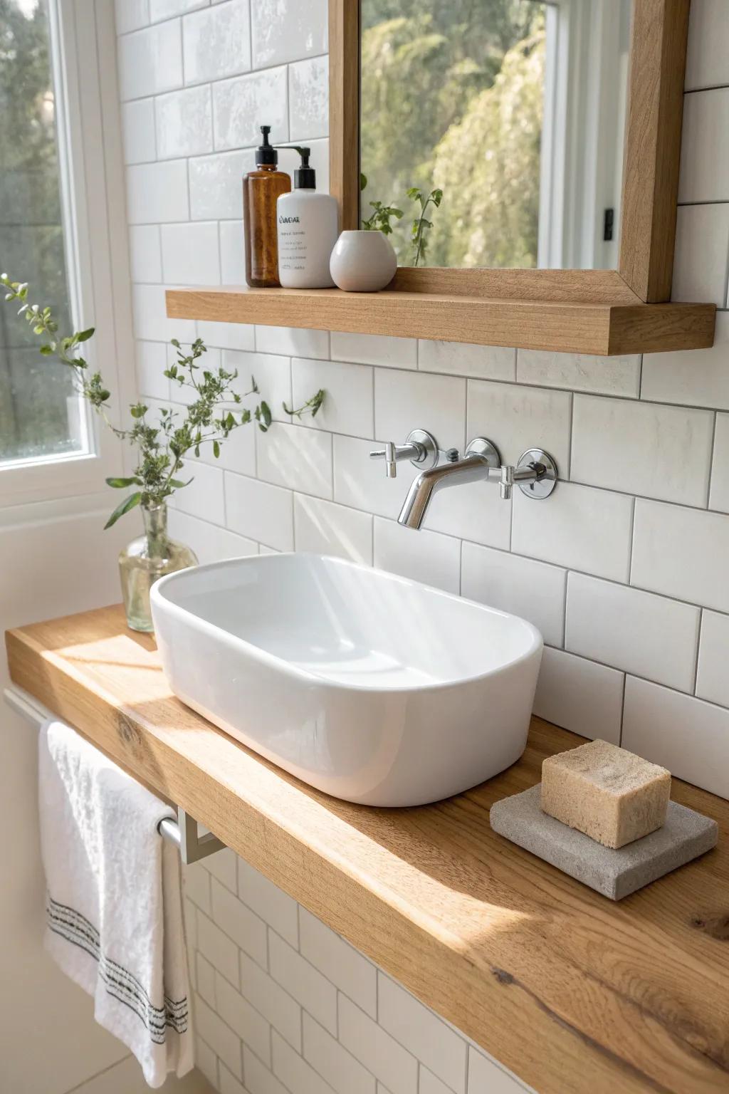 A single long oak floating shelf above the sink—clean, calm storage with a rule-of-three vignette.
