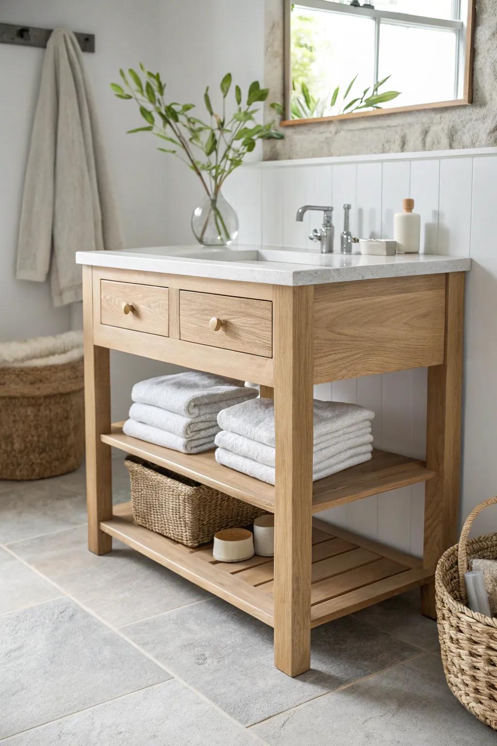 Freestanding oak bathroom island: airy, furniture-like storage with Scandinavian calm.