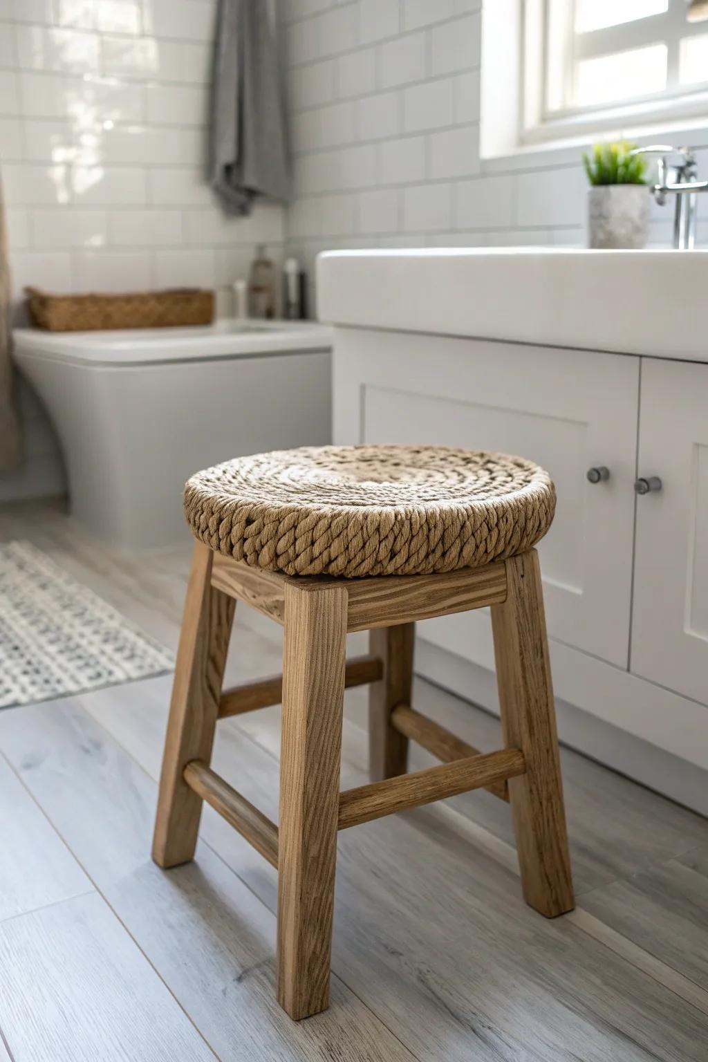 Cool gray wood-look laminate for a modern calm bathroom—warm oak stool adds cozy contrast.