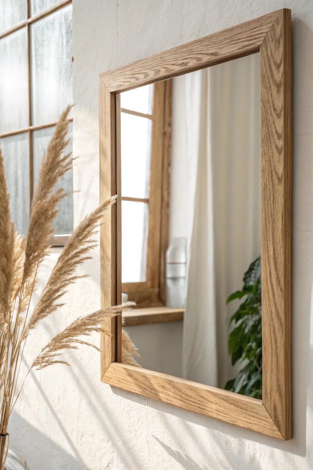 Simple square-edge poplar mirror border—clean modern farmhouse lines, sealed for steamy bathrooms.