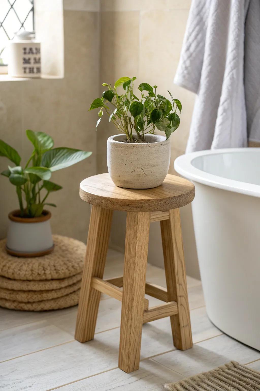 A simple potted plant on a wood stool adds fresh, airy bathroom charm—minimal and effortless.