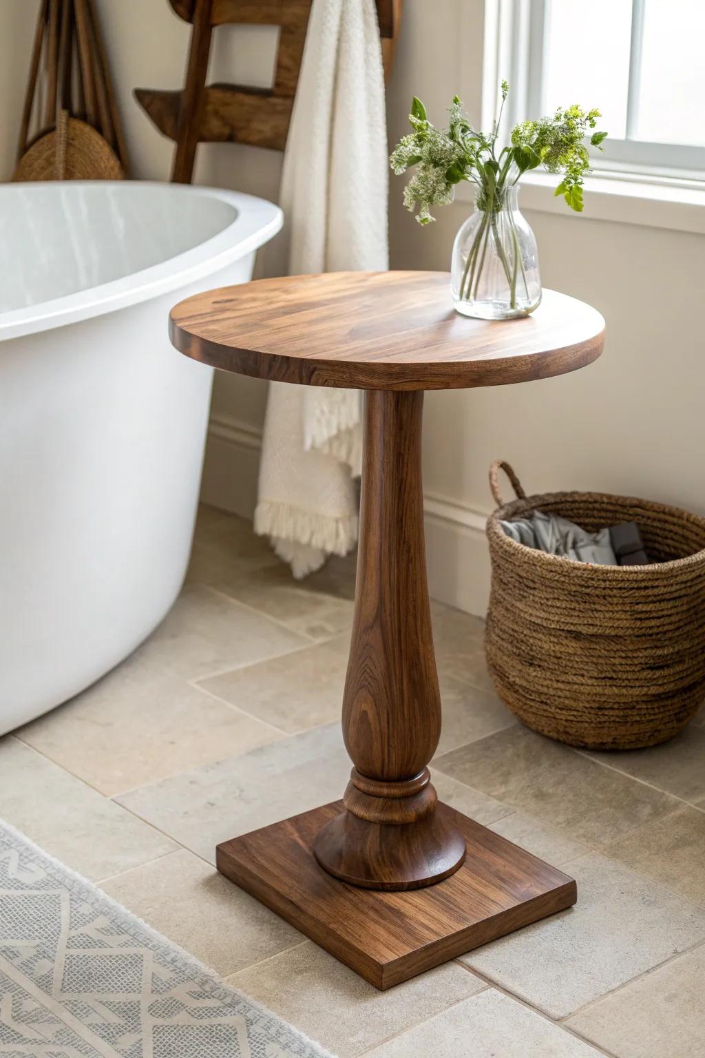 A petite round wooden pedestal table beside the tub—stable, serene, and handcrafted.