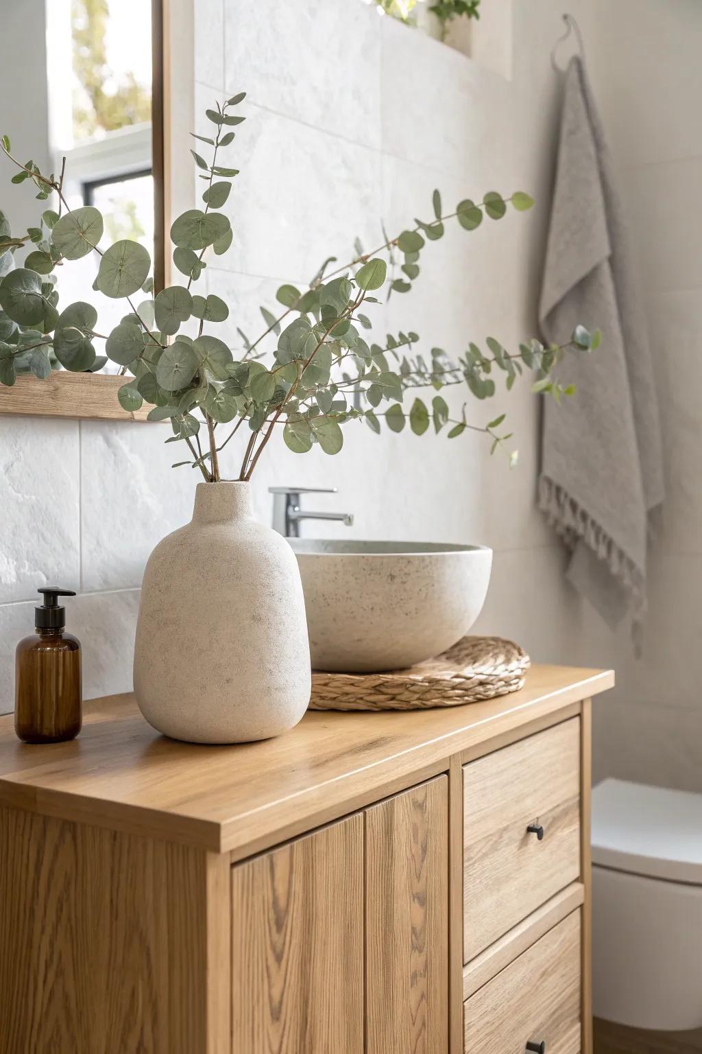 One calm eucalyptus vase on a light oak vanity softens the space—simple, fresh, serene.