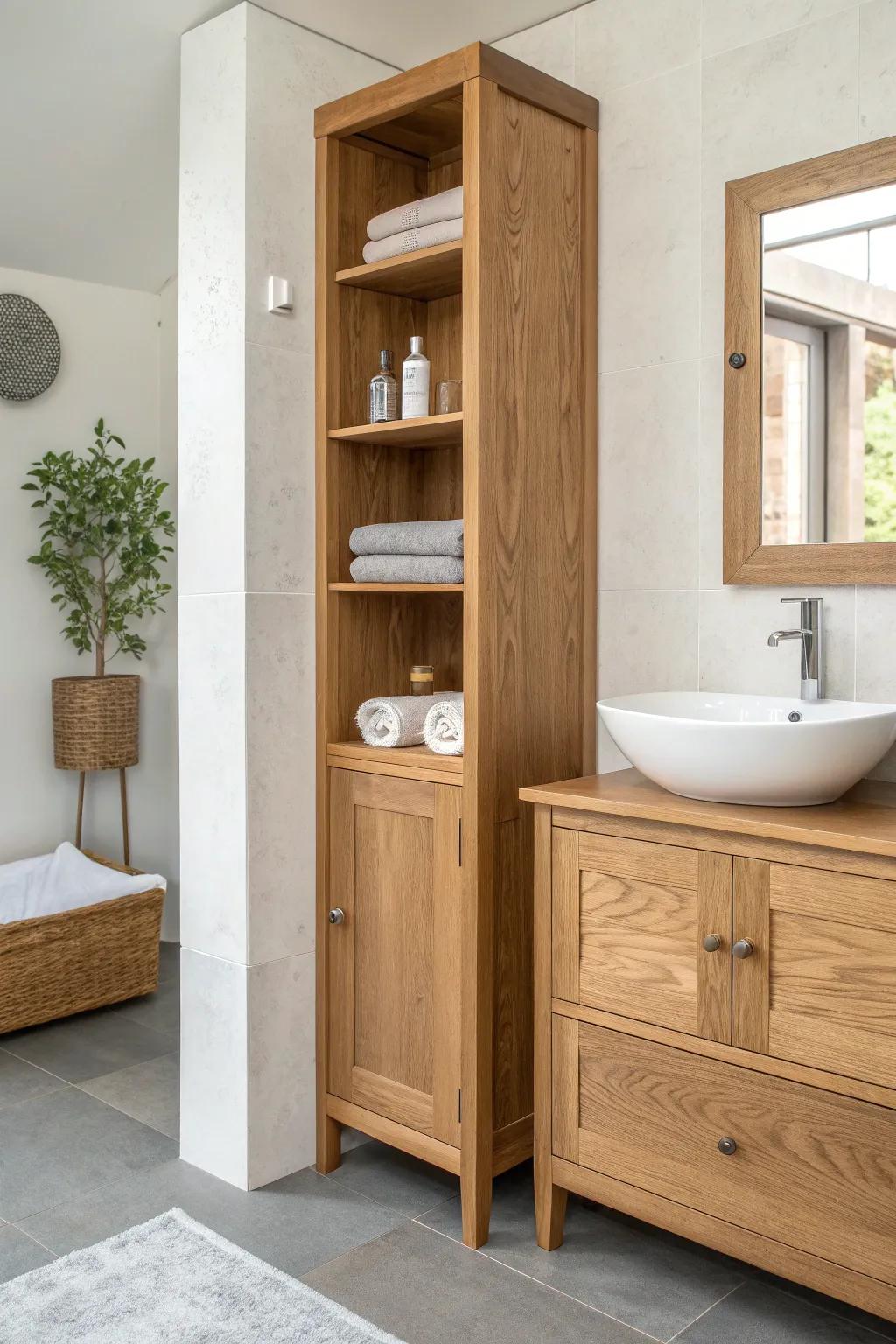 Center tower cabinet: open shelves for pretty, closed storage to hide the everyday chaos.