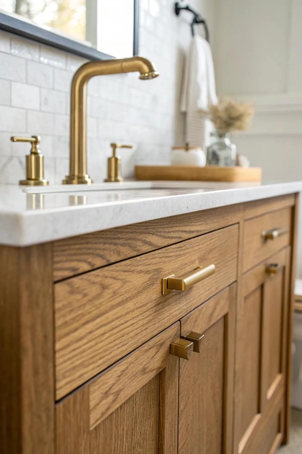 Warm honey oak meets brushed brass—an elevated, cozy glow that feels timeless in any bath.