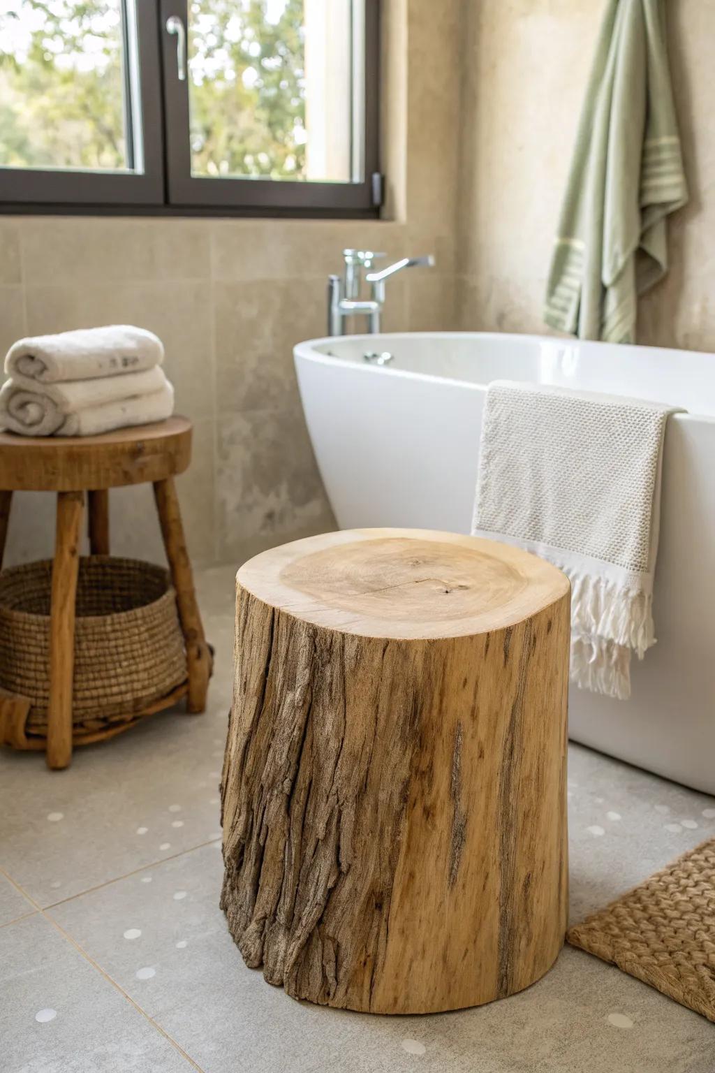 A sealed tree stump side table adds warm rustic charm and spa vibes beside the tub.