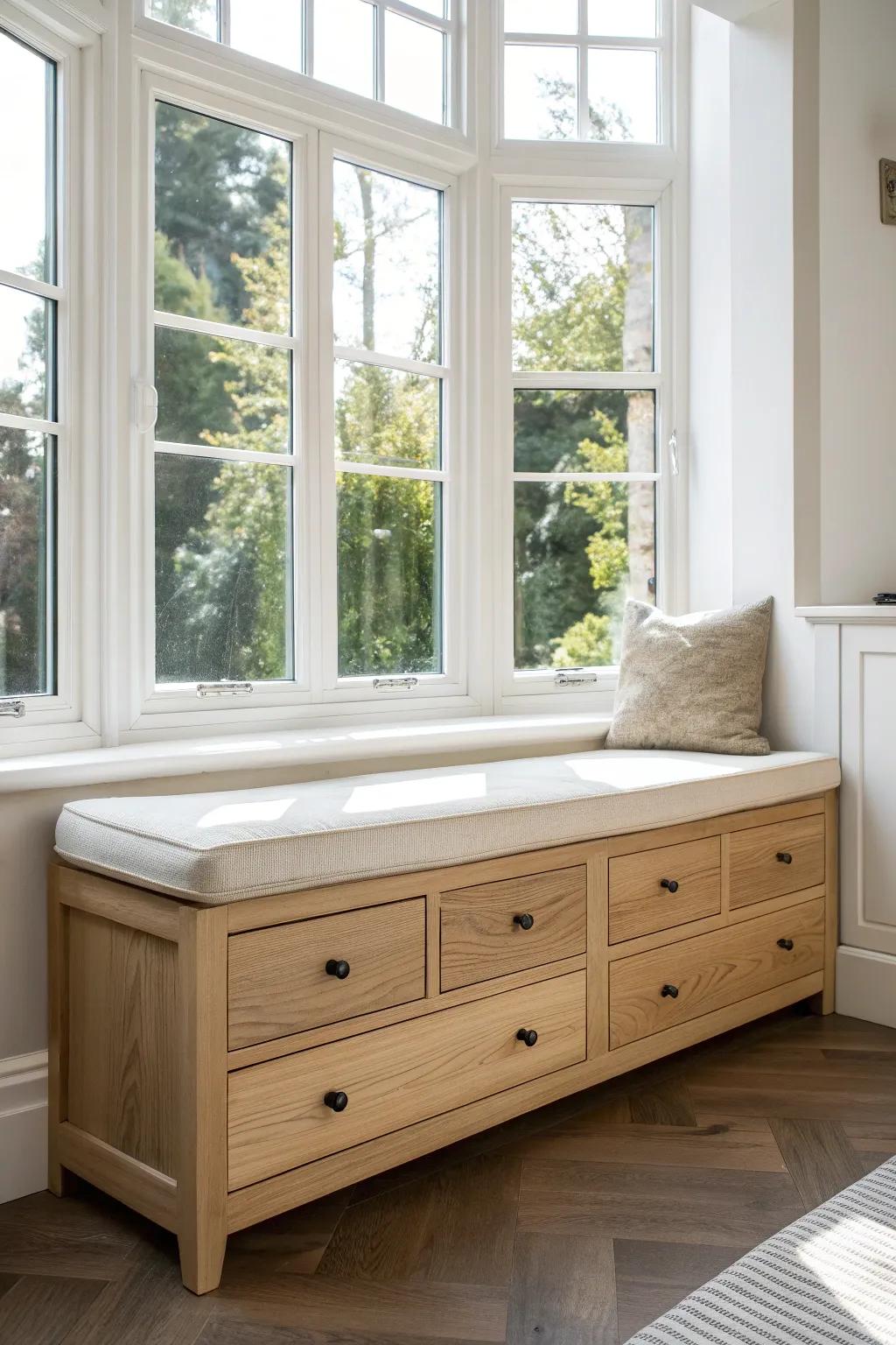 Drawer-front bay window bench: grab daily-use storage without clearing the seat first.