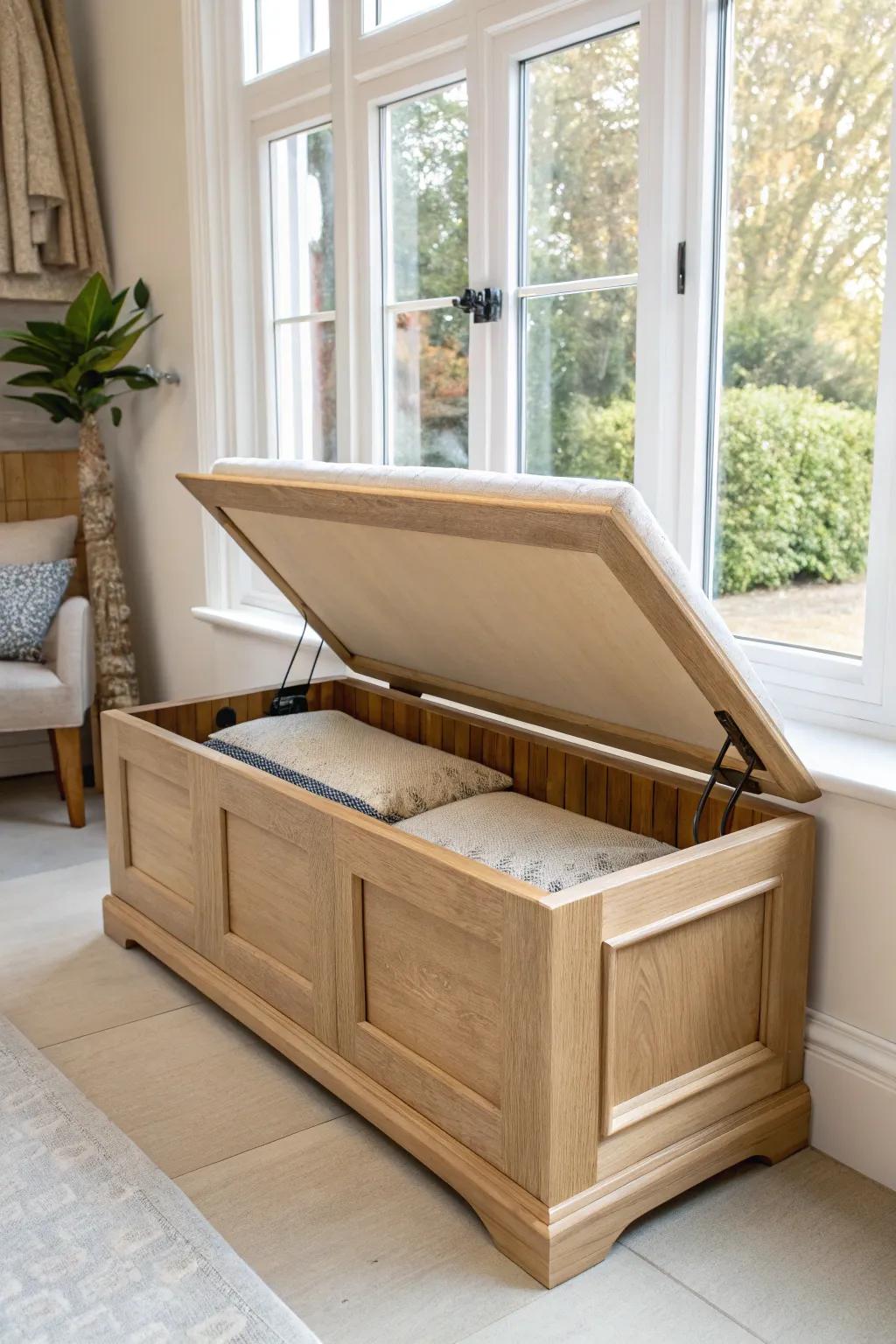 Lift-top bay window bench with hidden storage—clean Scandinavian lines and warm oak grain.
