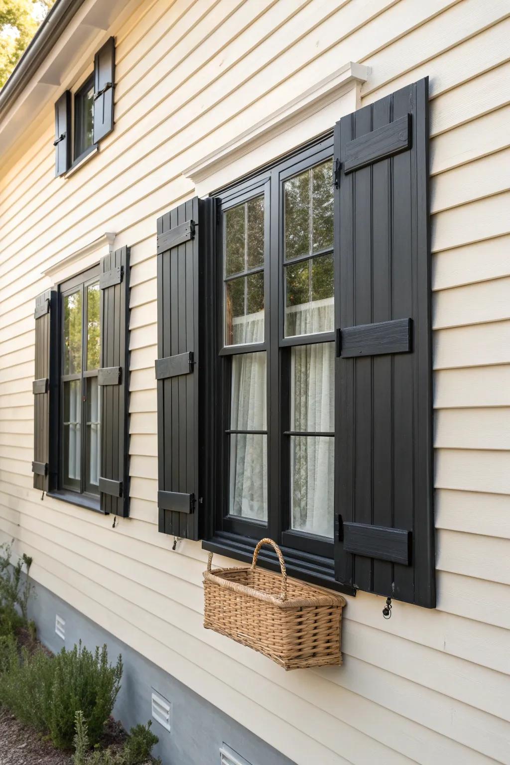 Crisp matte-black shutters on light siding frame a bay window like art—bold, timeless curb appeal.