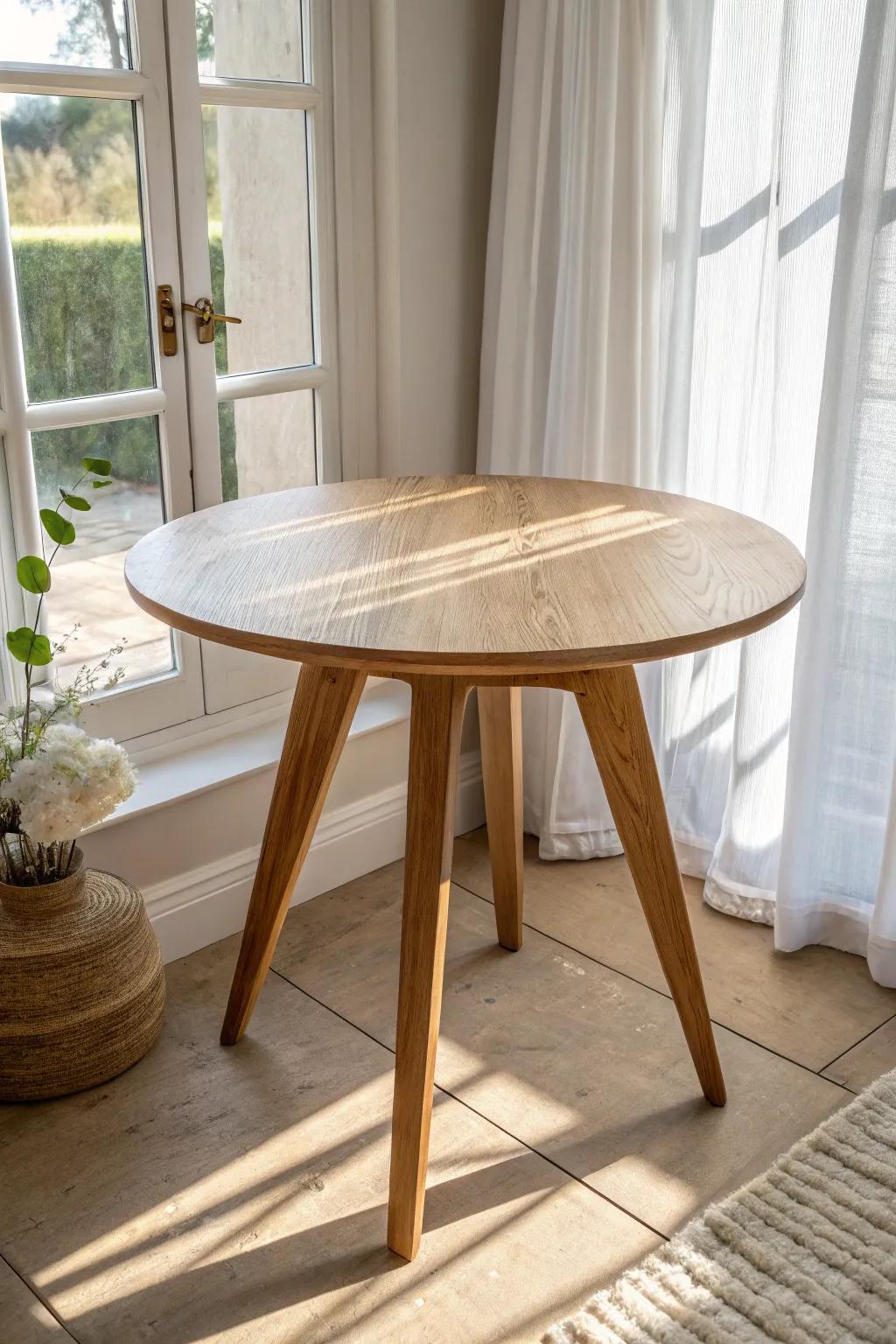 A petite oak bistro table in a sunlit bay window—an airy coffee-and-emails spot for two.