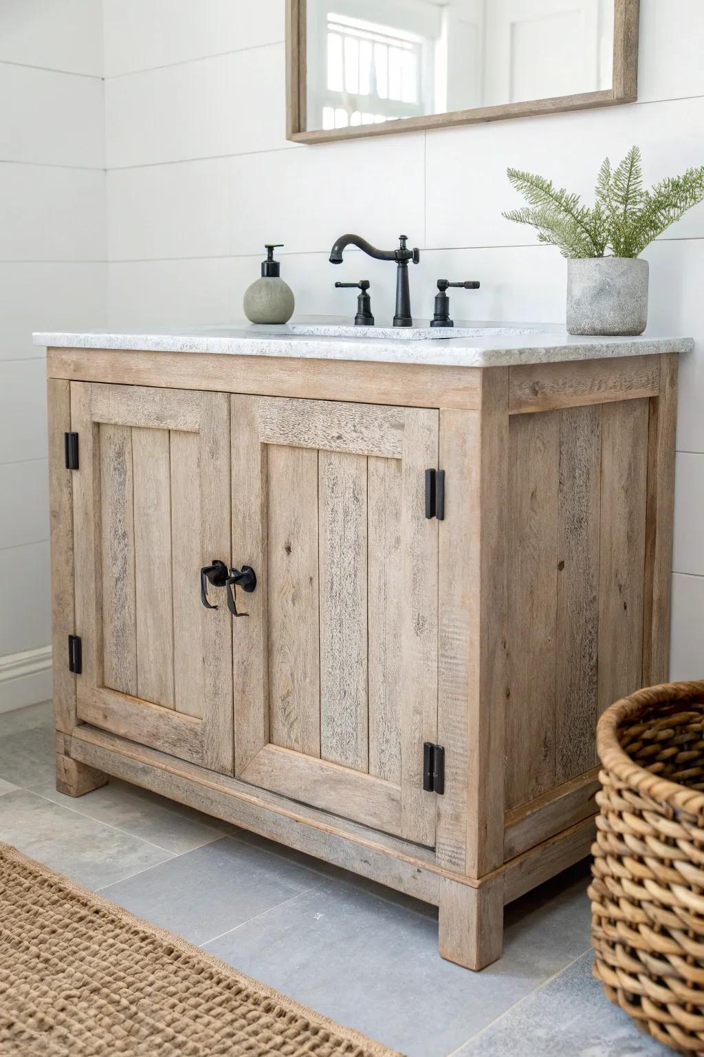 Sun-bleached reclaimed wood vanity base for effortless beach cottage bathroom charm.