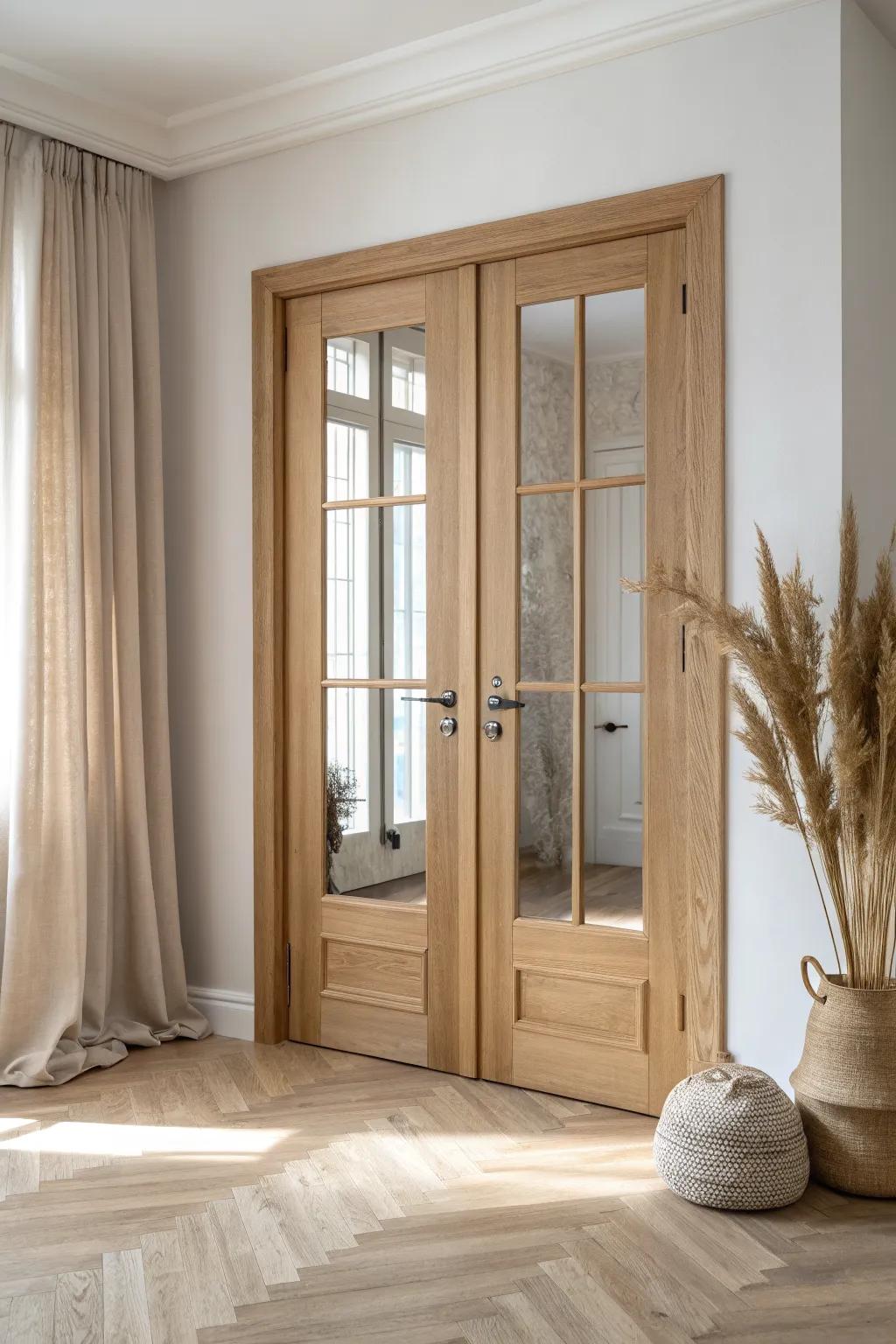 Double French doors in light oak—separation with sunlight, crafted lines, timeless elegance.