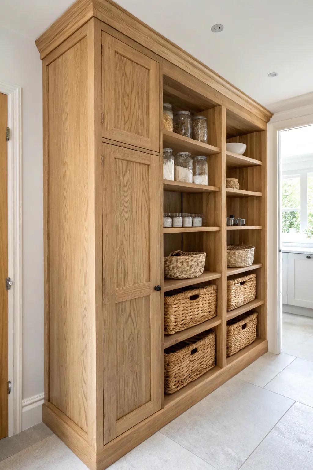 Floor-to-ceiling wood shelving that feels like custom cabinetry—deep base, tidy backstock up top.