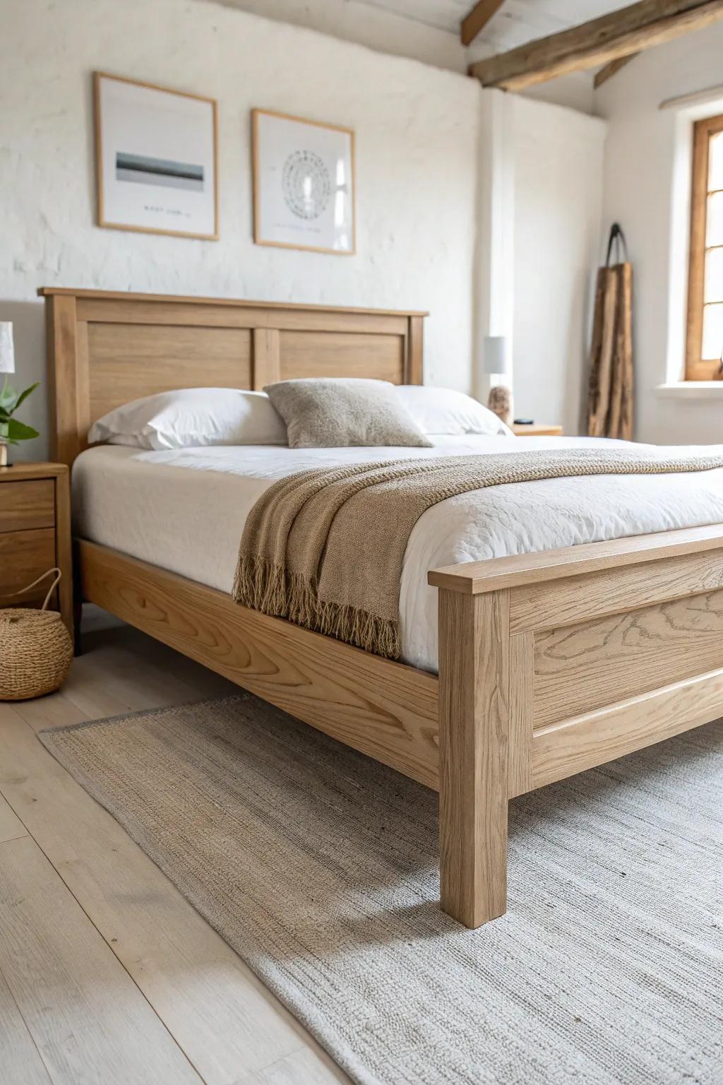 Thick-slab farmhouse base: chunky oak rails for a cozy, grounded modern bed look.