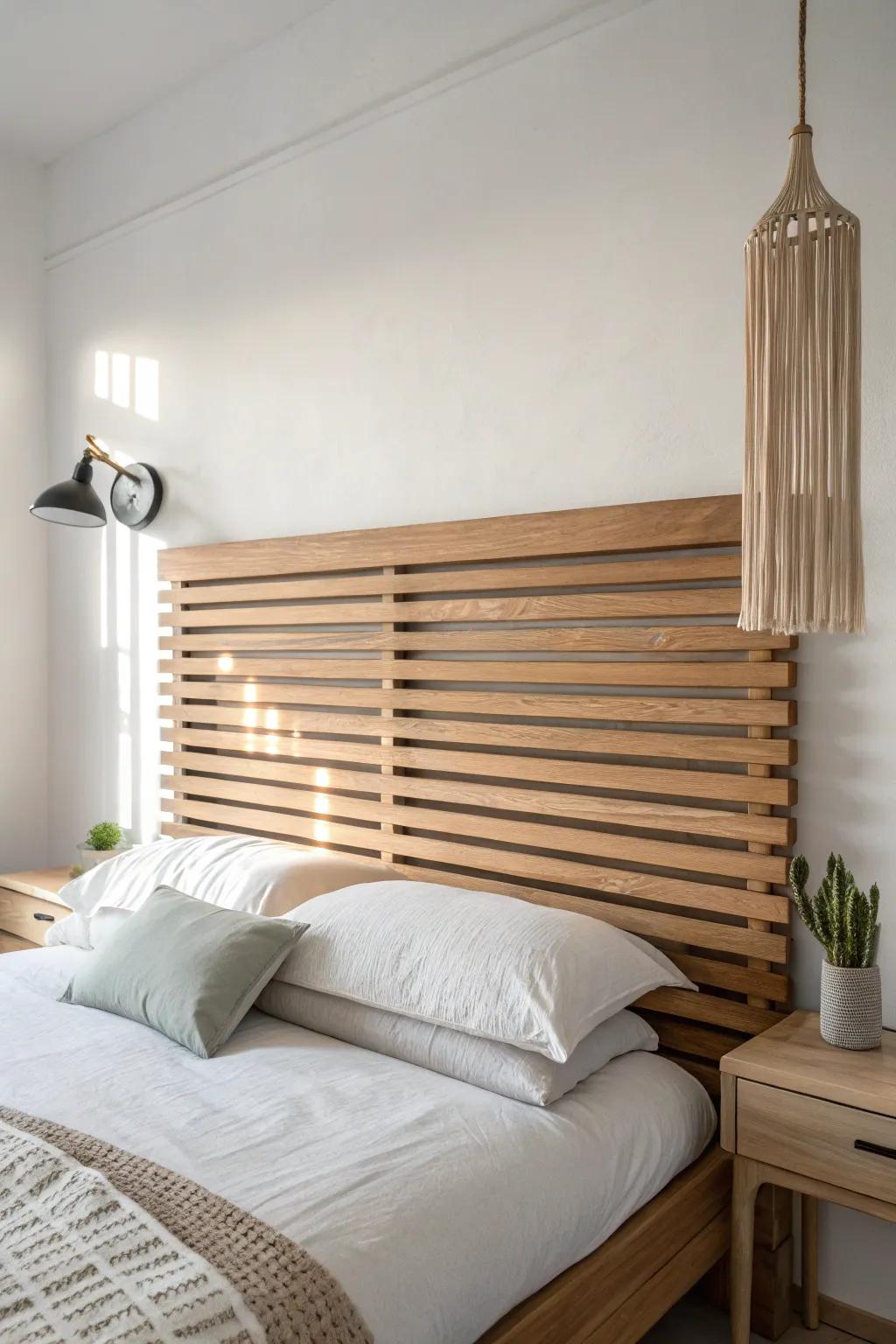 A wide horizontal oak slat headboard that adds warmth, contrast, and instant modern calm.
