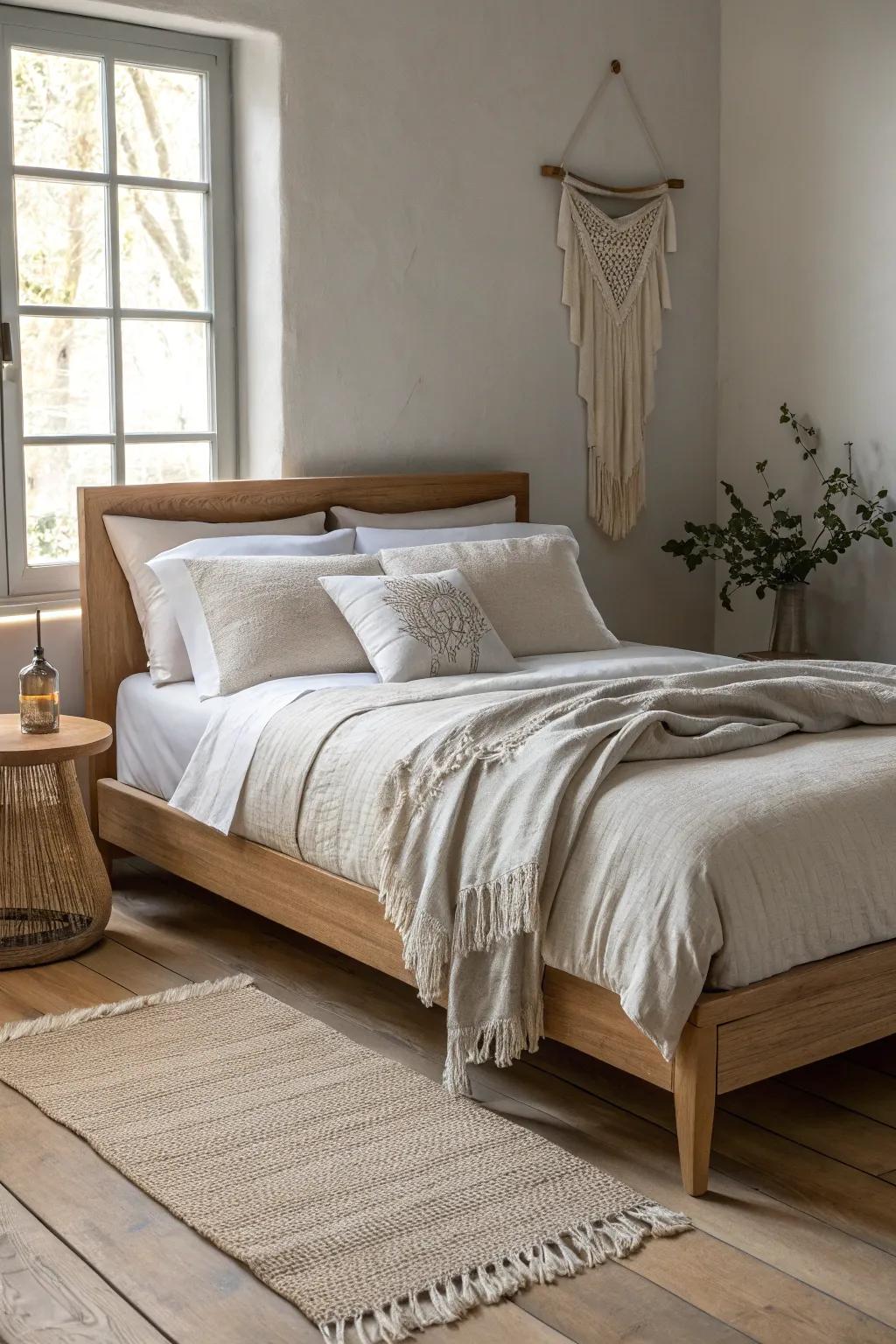 Soft greige linen, one textured throw, and clean oak lines for an airy, modern bed set.