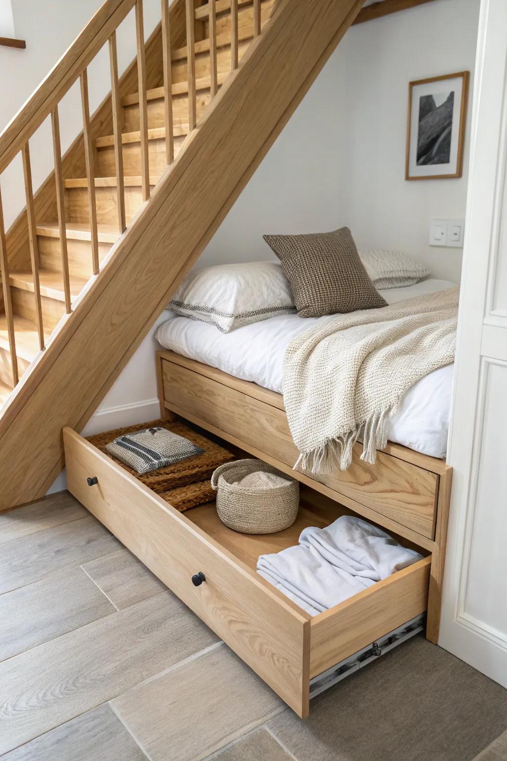 A linen-ready drawer base under the stairs—full-extension storage that feels like a hidden closet.