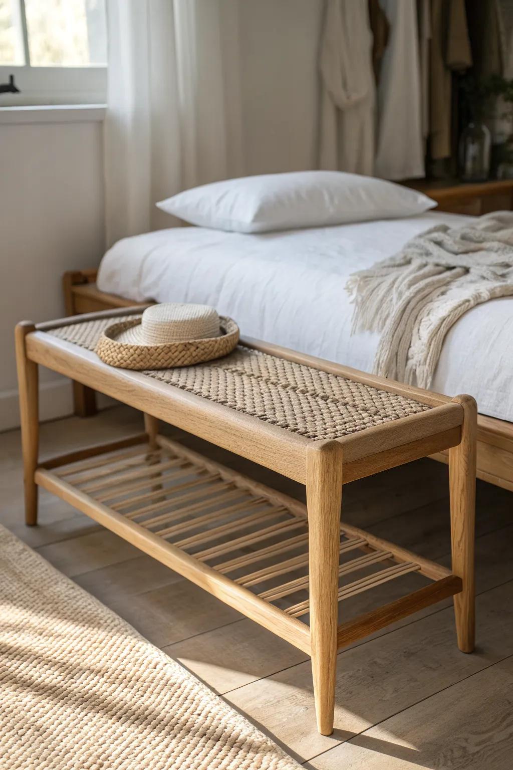 A woven cane bench at the bed’s foot adds instant warmth, texture, and artisan polish.