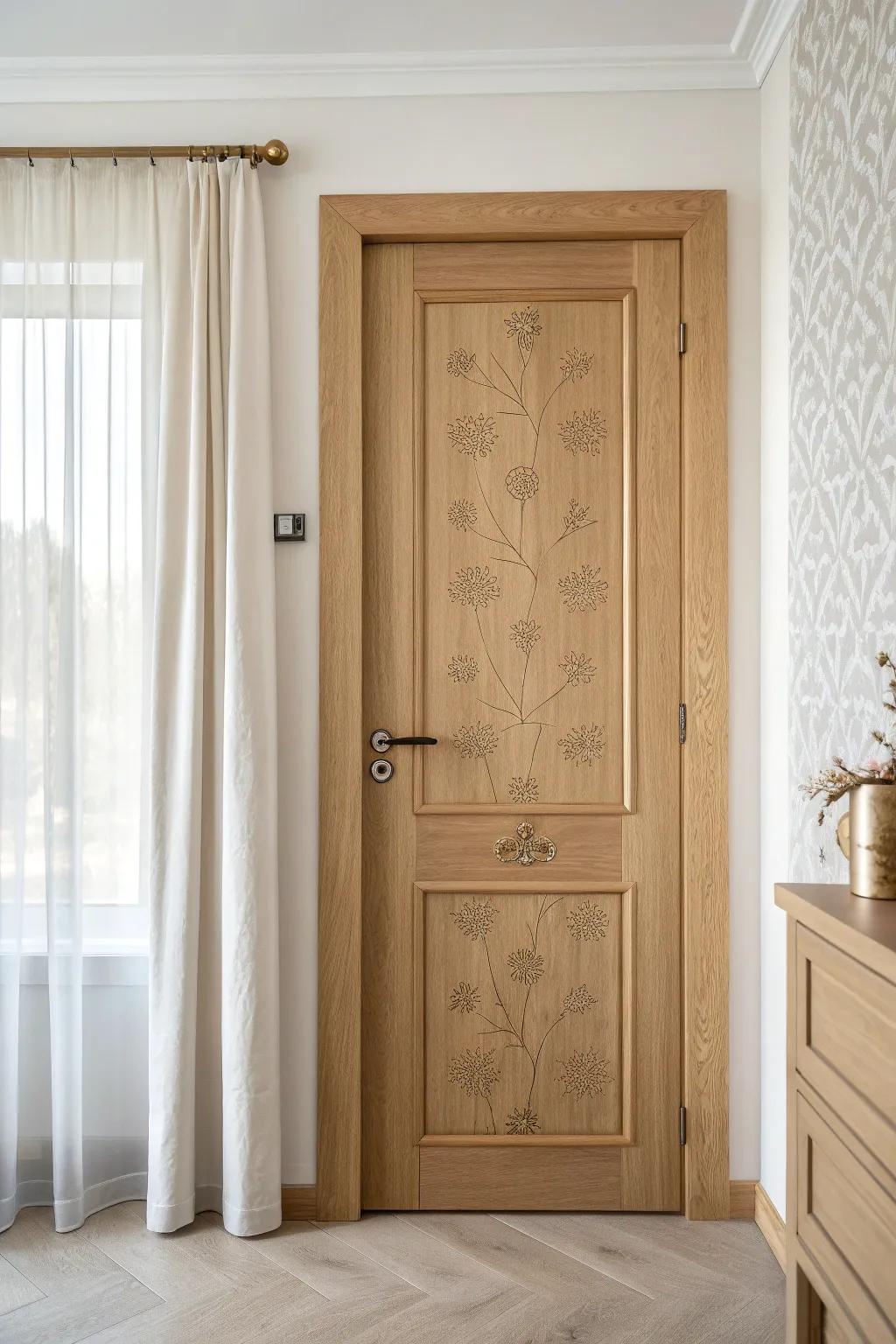 Tone-on-tone floral stenciling turns a plain bedroom door into custom, grown-up art.