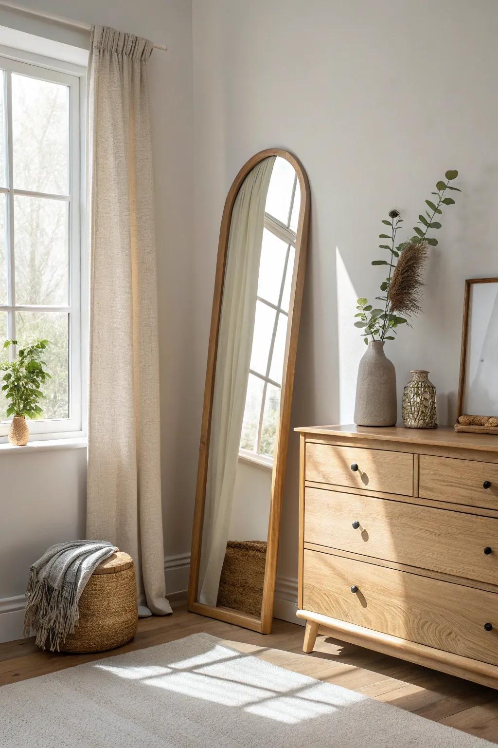 Lean a light oak mirror on your dresser for an instant vanity feel—simple, styled, serene.