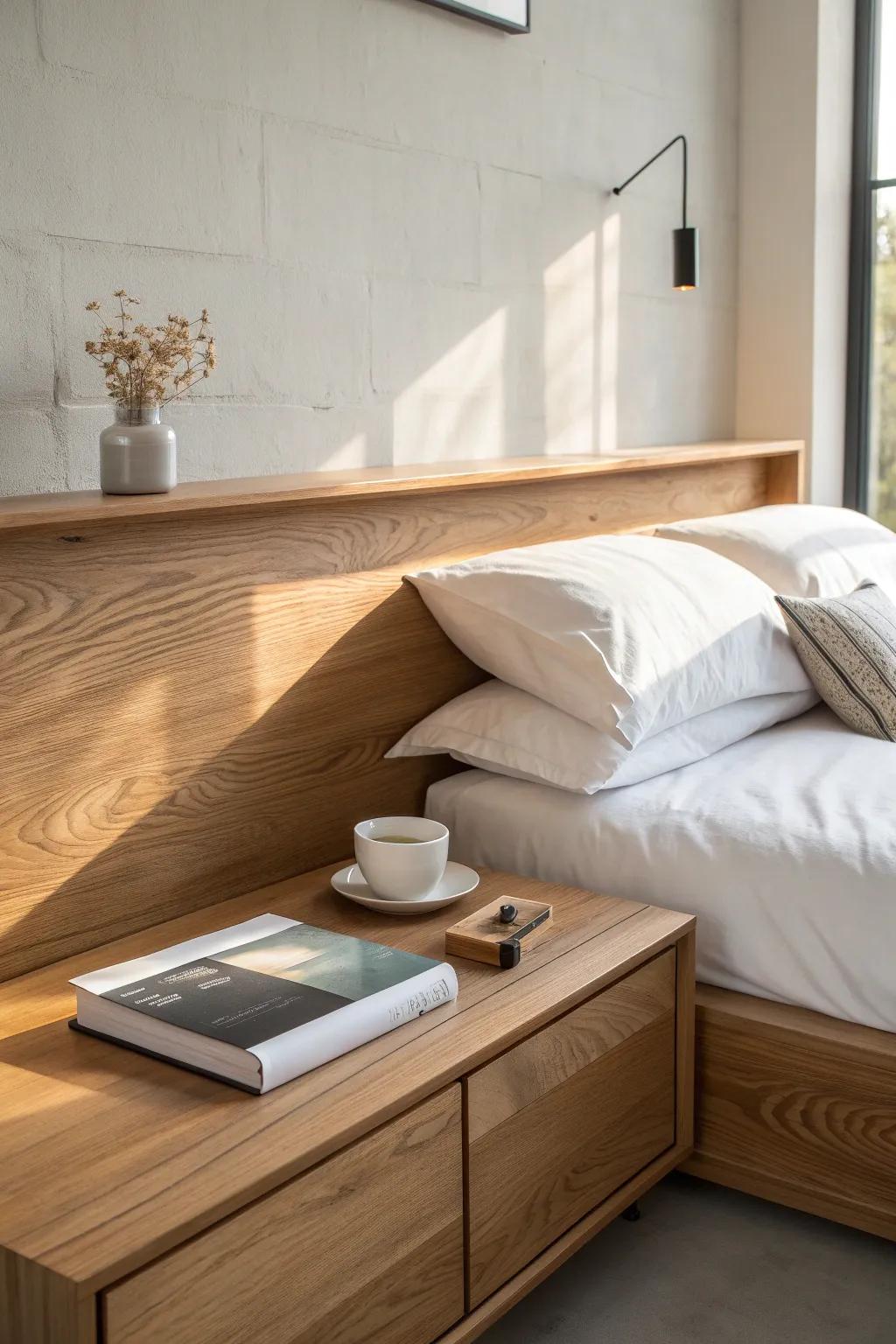 A slim wooden headboard ledge replaces bulky nightstands—clean, calm, and perfectly practical.