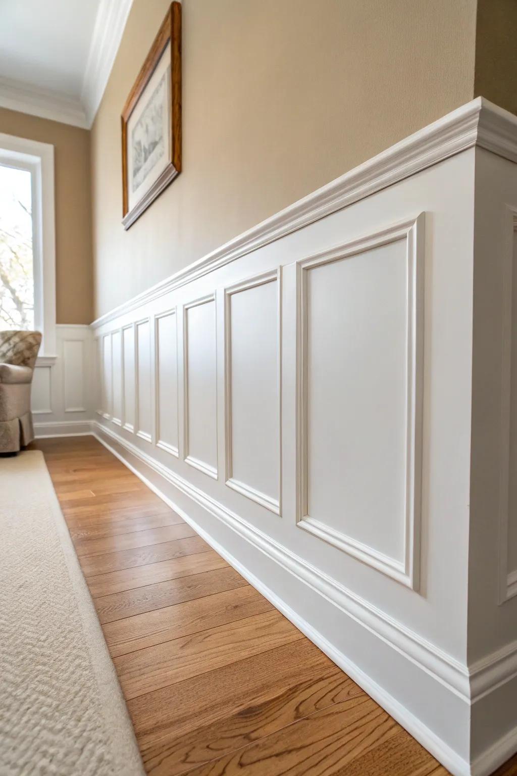 Classic wainscoting + chair rail: timeless bedroom molding that makes repainting easy.