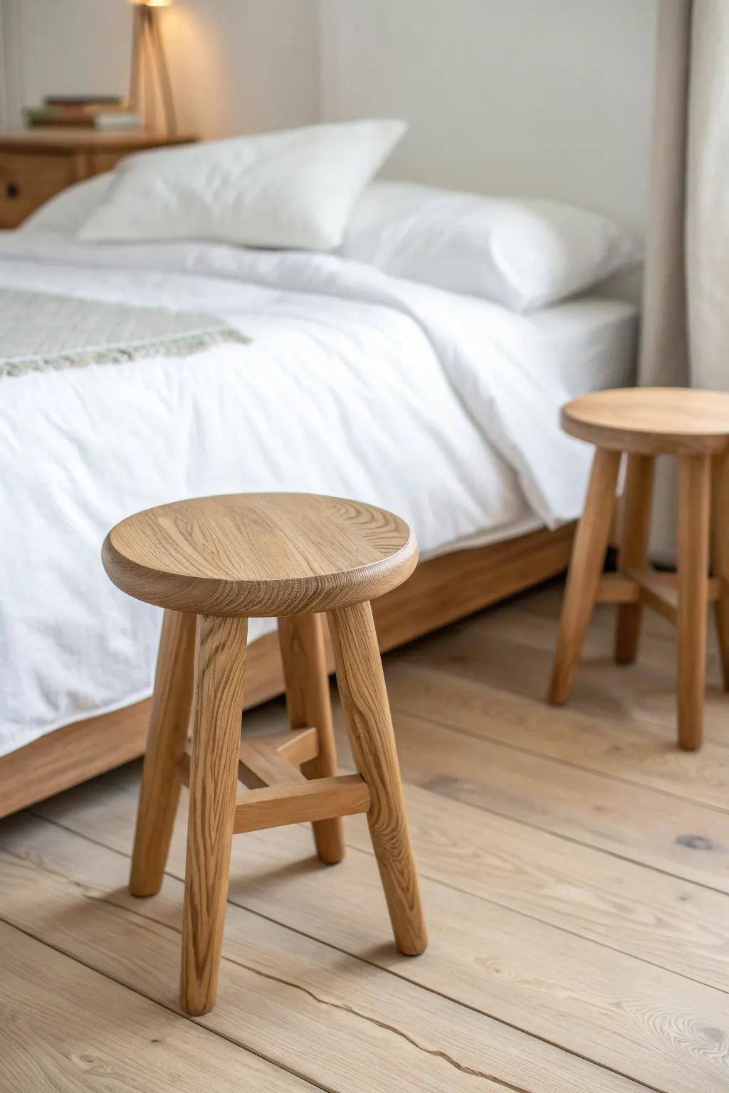 A pair of low wood stools adds flexible seating at the bed’s foot—minimal, warm, and chic.