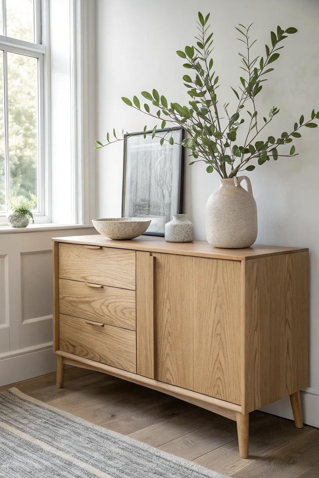 Light oak sideboard + leafy branches for a fresh, calm bedroom with natural texture.