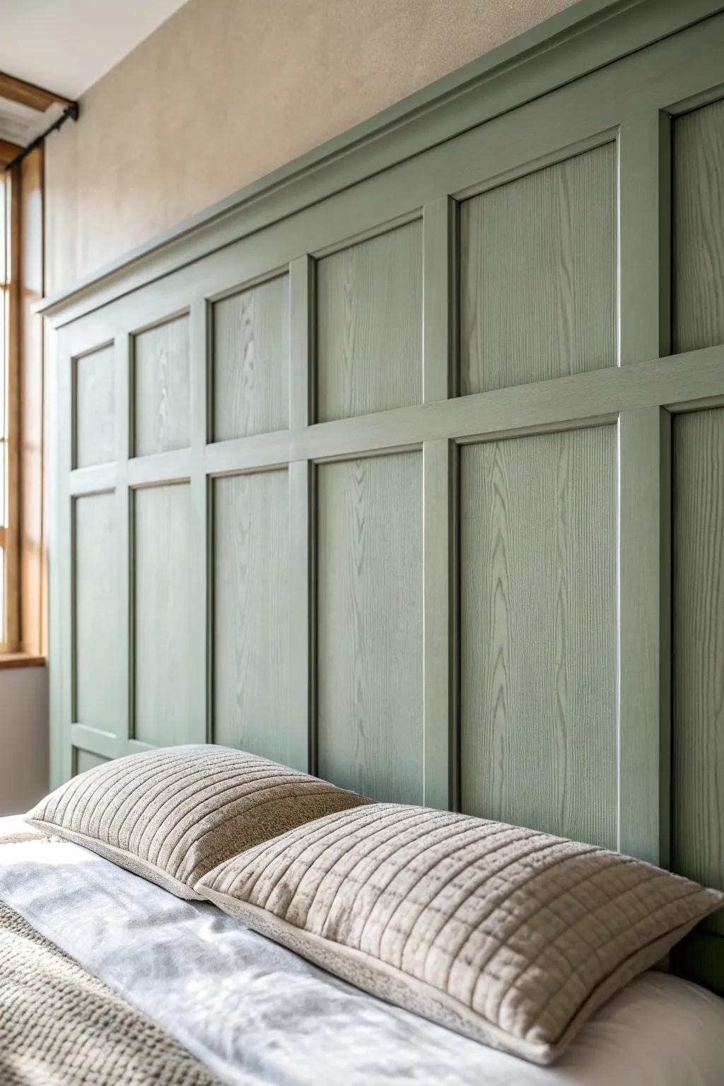 Soft cottage charm: muted board-and-batten grid panels that frame the bed beautifully.